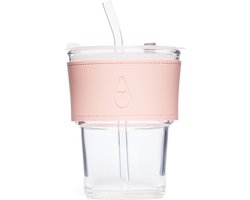 Motivai Glazen Drinkbekers met Deksel, Rietje & Leren Band – 400ML – Stijlvolle Tumbler voor Koffie, Smoothie & Cocktail – Rosé