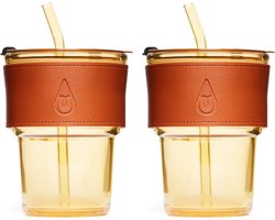 Motivai Glazen Drinkbekers met Deksel, Rietje & Leren Band – Set van 2 – 400ML – Stijlvolle Tumbler voor Koffie, Smoothie & Cocktail – Bruin