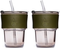 Motivai Glazen Drinkbekers met Deksel, Rietje & Leren Band – Set van 2 – 400ML – Stijlvolle Tumbler voor Koffie, Smoothie & Cocktail – Groen