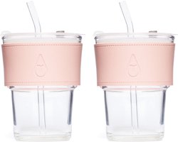 Motivai Glazen Drinkbekers met Deksel, Rietje & Leren Band – Set van 2 – 400ML – Stijlvolle Tumbler voor Koffie, Smoothie & Cocktail – Rosé
