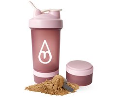 Motivai Shakebeker met poedercompartiment - Roze - Shaker - 3 delige shaker - 600ml - Motivatie Waterfles - Voor het maken van Shake's - Ook voor supplementen - extra compartimenten voor eiwit en preworkout en/of pillen - met shakebal