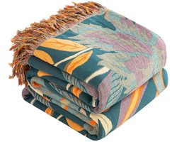 Mousseline Deken & Sprei - 100% Katoen XXL Dubbelzijdig Boho Stijl Esthetisch Design - Voor Woonkamer & Slaapkamer - Oranje/Groen 230x250 cm