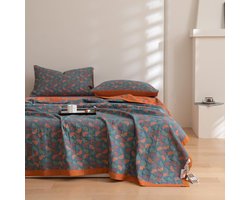 Mousseline Deken - Sprei Quilt - Bed Opdekken - Jacquard Bloemen Print - 198 x 239 cm - Navy