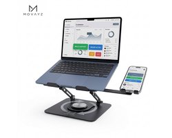 MOVAYZ® Laptop Standaard Ergonomisch – Verstelbaar en roteerbaar – Aluminium Laptophouder – Tablet houder – Met telefoonhouder - Antislip en krasbestendig - Opvouwbaar Laptopverhoger - Zwart - Verbeterde luchtcirculatie - Laptopstandaard