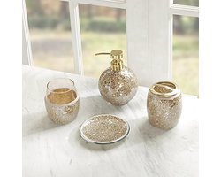 Mozaïek Badkamer Accessoires Set - 4 Stuks Met Gouden Zeep Dispenser, Tandenborstelhouder, Tumbler En Ring Tray
