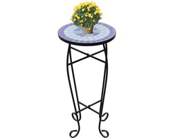 Mozaïek Bijzettafel - Plantentafel Rond - Ø 30 cm - Keramisch Tafelblad - Blauw & Wit - Decoratieve Bijzettafel voor Tuin, Balkon & Woonkamer - Hoogte 60 cm - Mediterrane Stijl