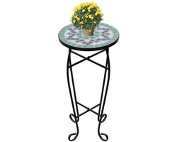 Mozaïek Bijzettafel - Plantentafel Rond - Ø 30 cm - Keramisch Tafelblad - Groen & Wit - Decoratieve Bijzettafel voor Tuin, Balkon & Woonkamer - Hoogte 60 cm