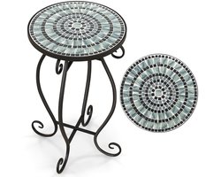 Mozaïek Bijzettafel Ronde Bistrotafel in Weerbestendige Keramische Tegels Koffietafel voor Binnen en Buiten Zwart