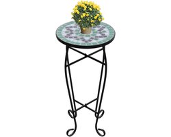 Mozaïek Plantentafel - Groen & Wit - Ø 30 cm - Bijzettafel voor Buiten & Binnen - Mediterrane Bloementafel - Hoogte 60 cm