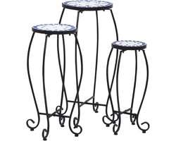 Mozaïek Tafels - Keramiek Set - Buiten Zitten - Weerbestendig Oppervlak - 3 Stuks - Blauw Wit