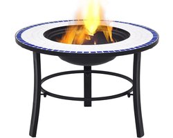 Mozaïekhaard - Buitenhaard Terraskachel - Sfeerverwarming Buiten - Met Grillrooster - 68 cm - Blauw Wit