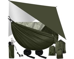 MOZY® - Hangmat met Muggennet - Inclusief Tarp, Montagekit en Opbergzak - 260 x 140 cm - tot 250 kg - Groen - UV Bescherming - Kamperen - Camping - Survival - Tentzeil - Muskietennet