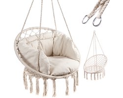 MOZY® - Hangstoel - tot 150 kilo - Beige - met Kussen - 80 x 74 cm - Macrame - Schommelstoel
