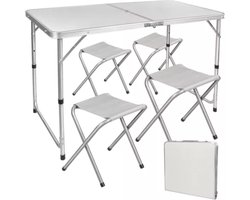 MOZY - Inklapbare Kampeertafel - met 4 Stoelen - Wit - Verstelbaar - met Parasol gat - Luxe Kampeerset - Campingtafel - Kampeermeubel - Klaptafel met stoelen - Vouwtafel