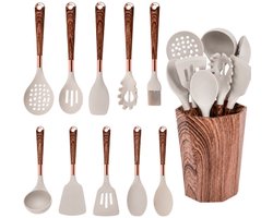 MOZY® - Keukengerei in Houder - 11 Delig - Houtkleurig - Siliconen Keukengerei - Japandi - Hittebestending - Beige - Keukenaccessoires - Koken - Soeplepel, Spatel en Meer