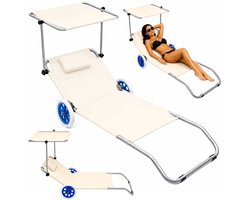 MOZY® - Ligbed met Zonnescherm - Beige - Inklapbaar - Verrijdbaar - met Wielen - 150 cm - Inclusief Hoofdkussen - Ligstoel Tuin - Veldbed - Zonnebed - Lounger - Reisbed