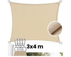MOZY® - Schaduwdoek - 3 x 4 meter - Beige - met Montagekoord en Karabijnhaken - Waterdicht - Schaduwzeil - Zonnewering - Zonbescherming - Zonnedoek