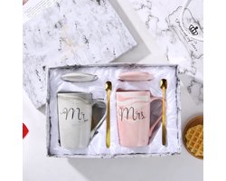 Mr and Mrs Mokenset - 14 oz Keramische Marmeren Trouwmokken - Met Luxe Geschenkdoos en Wenskaart - Bruidspar en Huwelijkscadeau - Voor Trouwpartijen en Jubilea - Romantisch Huwelijksgeschenk - Zwart/Wit - 2 Stuks