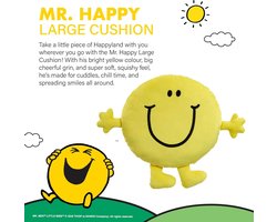 Mr Happy groot sierkussen - zacht knuffelkussen met klassiek kinderkaraker - kleurrijk decoratief kussen voor slaapkamer en speelkamer