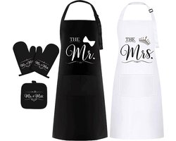 Mr. & Mrs. Paar Schorten Set, Huwelijkscadeau voor Paar, Keuken Waterdichte Schorten, Schort voor Vrouwen en Mannen, Perfect Als Cadeau voor Verloving, Jubileum, Valentijnsdag (Wit en Zwart)