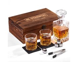 Mr. Strassmore - Whiskey Karaf - Decanteer Set - 0,7 liter - 2 Tumbler Glazen - 4 RVS Whiskey Stenen - IJstang - Luxe houtenkist - Whiskey Set