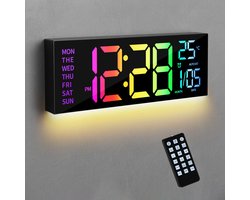 MrGoods Digitale Klok - Wandklok - LED Scherm - 7 Kleuren - 16 Inch Grote Digitale Klok met Temperatuur - Datum Automatische Zomertijd Nachtlampje - Automatische Helderheid Dimmer - Wandklok voor Woonkamer Garage