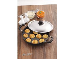 Mrs. Jones 12 putjes antiaanbakpan - Aebleskiver koekenpan - Poffertjes Maker Pan met 12 gaten - Paniyaram Pan Appam Maker Panniyarakal - Twee zijhandgreep met stalen deksel - 22 cm .