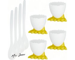 Mrs. Jones 8-delige eierdopjesset Charmant kuiken-design voedselveilig kunststof wit met gele voeten inclusief lepel - Ontbijt - Brunch .