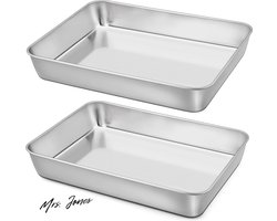 Mrs. Jones Bakplaat - Roestvrij staal - Grote ovenplaat - Set van 2 - Rechthoekige bakvorm - Taartplaat met 5 cm diep - Voor bakken braden serveren - Hoogglans gepolijst - Vaatwasmachinebestendig - 316 x 256 mm .