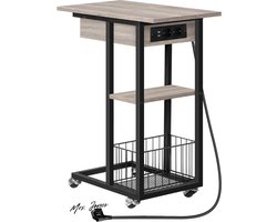 Mrs. Jones Bijzettafel met laadstation flip C-vorm banktafel salontafel met wielen en legplank nachtkastje voor woonkamer slaapkamer greige-zwart EBG022SF01 .