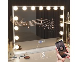 Mrs. Jones Bluetooth Make-up Spiegel met verlichting 15 LED-lampen Dressoir Spiegel - Hollywood - USB oplaadpoort - 3 kleurtemperaturen - grote make-upspiegel voor tafelspiegels of wandspiegel .