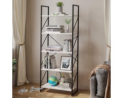 Mrs. Jones Boekenkast 5 niveaus vloerstaande boekenplank houten plank en metalen frame boekenrek display opbergrek rekken voor woonkamer thuiskantoor witte boekenplank met ruime opbergmogelijkheden .