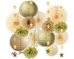 Mrs. Jones Bruin Goud Feestdecoraties Papieren Lantaarns Crème Tissue Papier Pom Poms Bloemen met Ster Slinger Verjaardagsfeest Rustieke Bruiloft Baby Shower Pensioen Gouden Afstuderen .