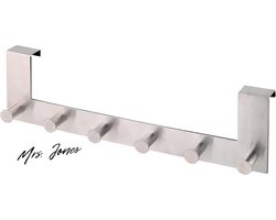 Mrs. Jones Deurgarderobe met 6 haken - kledinghaken voor de deur zonder boren - deurhaken voor keuken badkamer woonkamer en hal - roestvrij staal 8 x 39 x 11 cm .