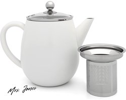 Mrs. Jones Dubbelwandige theepot 11 liter met filterzeef isolerende witte roestvrijstalen kan met glazen deksel theemaker voor langer theegenot .