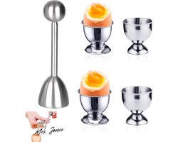 Mrs. Jones Eierdopje 4 stuks roestvrijstalen eierbekerhouder en 1 stuk Franse eieropener kleine wijnglasvorm eierhouderset met handvat - Ontbijttafelaccessoires .