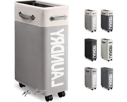 Mrs. Jones Extra Smal Inklapbare Wasmand met Wielen - Opvouwbare Dunne Wasmand met Handvat - Praktische Opbergbox voor Slaapkamers en Wasruimte - 45L - Wit + Lichtgrijs o2 .