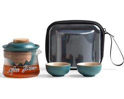 Mrs. Jones Fanquare Draagbare Reizen Thee Set Groen Porselein Chinese Kung Fu Glazen Theepot met Infuser Mini 1 Pot 2 Cups voor Volwassenen .