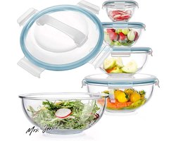 Mrs. Jones Glazen Mengkommen Set van 5 - Luvan Glazen Kommen Met Deksels - Ruimtebesparende Nesting Kommen - Antislip Salade Kommen - BPA-vrij voor het Combineren van Opslag Koken .
