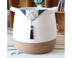 Mrs. Jones Grote mand van katoenen touw geweven opbergmand voor speelgoed was- en dekenorganizer ronde geschenkmand met handgrepen voor kinderkamer 45 x 43 cm (bruin linnen en wit) .