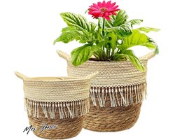 Mrs. Jones Grote plantenmand set van 2 gevlochten van zeegras plantenbak voor kamerplanten bloempot-boho potten met handgrepen-opbergmand 20 cm en 25 cm diameter .