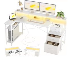 Mrs. Jones Hoekbureau met LED Stopcontacten - 165x80cm Ergonomisch L-vormig Bureau 2 Laden Omkeerbare Opbergplanken Grote Monitorstandaard Moderne Schrijftafel voor Studie Werk Slaapkamer Salon Thuis .