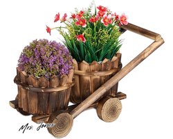 Mrs. Jones houten kar met 2 bloempotten - rustieke plantenbakken - HBD 19x175x37 cm - sierpot tuindecoratie - bruin .