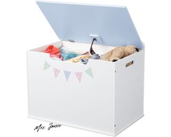Mrs. Jones Houten Speelgoedkist met Rugsteuntje - Zachte Sluiting - Slaat niet Dicht - Dekenkist - Speelgoed Opbergbank - 60 x 41 x 39 cm - Blauw Deksel .