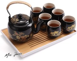 Mrs. Jones Japanse theeset zwarte porseleinen theeset met 1 theepotset 6 theekopjes 1 theeblad 1 roestvrijstalen zetgroep mooie Aziatische theeset voor volwassenen - platteland in goudkleurig - thee ceremonie-servies .