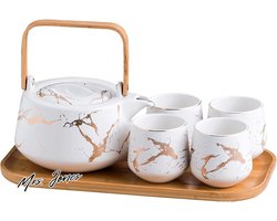 Mrs. Jones Keramische theeservies in Japanse stijl elegante theepot en 4 theekopjes met houten dienblad voor middagthee huisdecoratie restaurant theekransje - marmeren patronen (wit) .