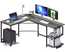 Mrs. Jones L-vorm bureau 155 x 110 cm met planken omkeerbare ronde hoek - computer bureau gaming tafel werkstation voor thuiskantoor - zwart eiken .