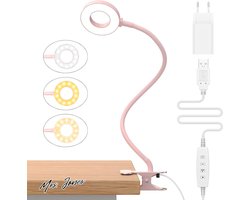 Mrs. Jones Leeslamp met 23 leds en USB-oplader - lamp met klem - 3 kleuren en 10 lichtsterktes - 40 cm - blokkeert 9999% van het blauwe licht - bureaulamp met klem voor boeken werk bed en tafel - roze .
