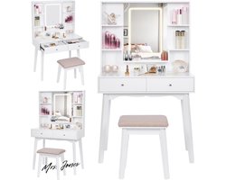 Mrs. Jones Make-uptafel met verlichting en kruk in 3 kleuren - LED-verlichting ijdelheid make-uptafel met spiegel - tafel 5 laden voor meisjes - kaptafel met spiegel kruk - wit BDT14W .
