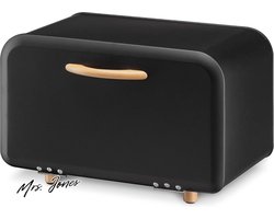 Mrs. Jones Metalen Broodtrommel Vershouddoos 35 x 24 x 23 cm Zwart Houten Details .